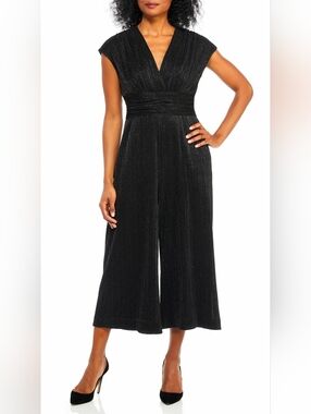 Maggie London Glitter Mettalic Black V-Neck Wide-Leg Jumpsuit Sz. 12